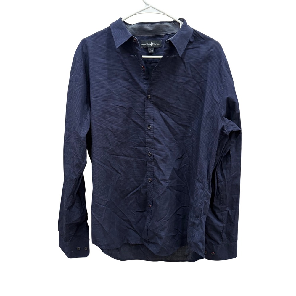 Beverly Hills Polo Club Mens Large Navy Blue Slub Button‎ Down Shirt Long Sleeve